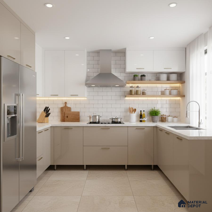 Modern kitchen with frosty white and beige laminate, white quartz countertop, and subway tile backsplash in Bengaluru