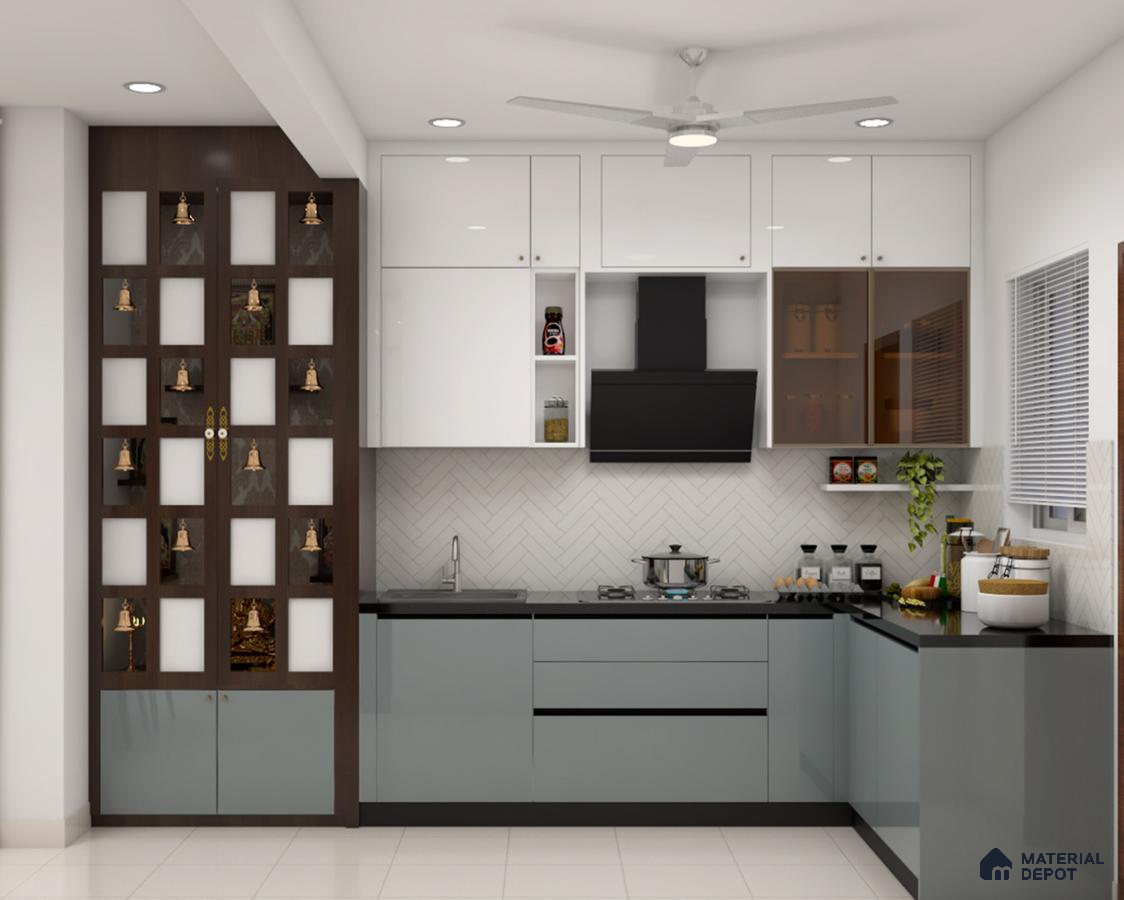 Modern kitchen with frosty white and pastel grey laminate, black granite countertop, and herringbone subway tile backsplash in Bengaluru | Material Depot