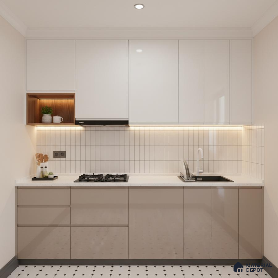Modern kitchen with frosty white and taupe high gloss laminate, white quartz countertop, and vertical subway backsplash tiles in Bengaluru
