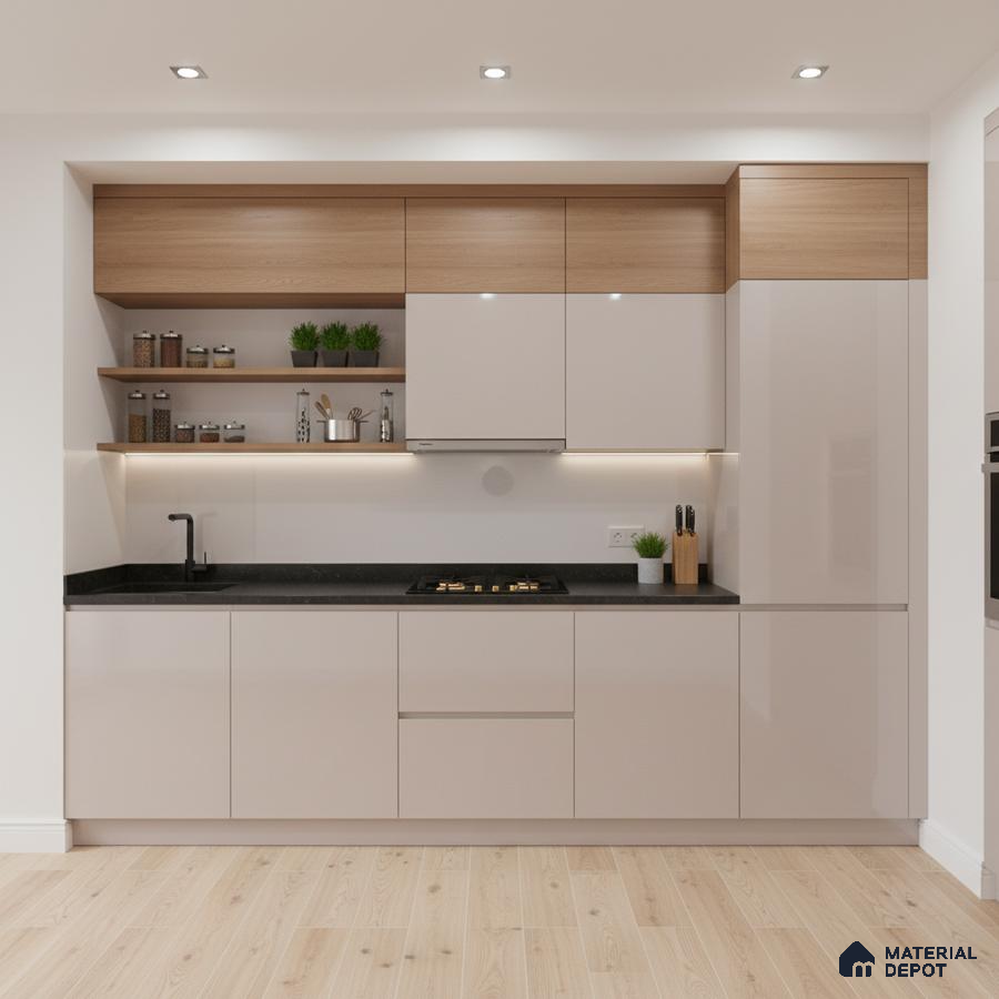 Modern kitchen with frosty white high gloss laminate, natural oak laminate, and black quartz countertop in Bengaluru