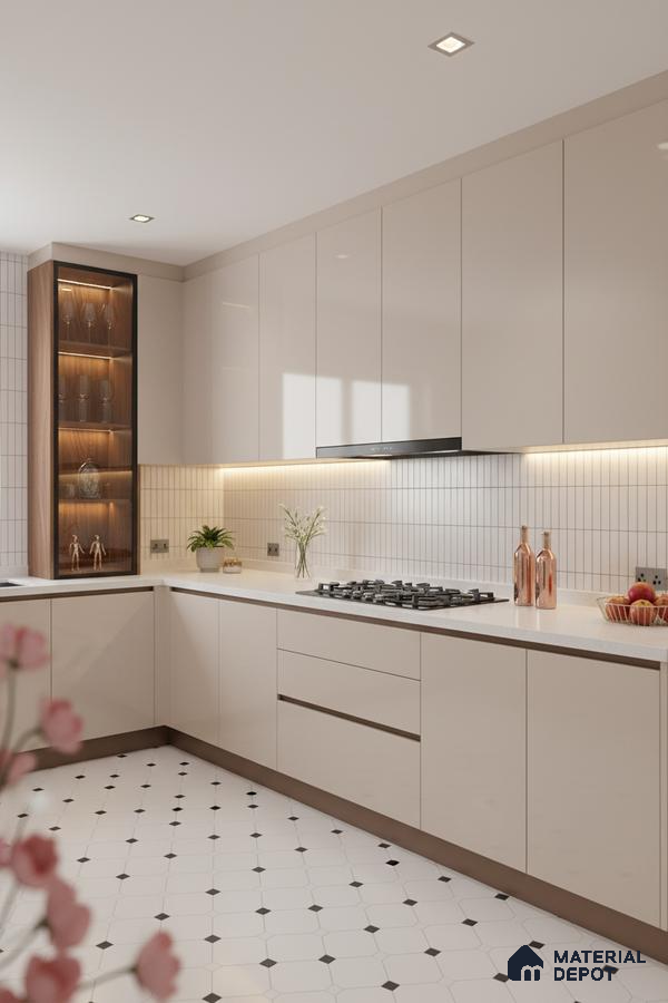 Modern kitchen with frosty white high gloss laminate, white quartz countertop, and geometric white floor tiles in Bengaluru