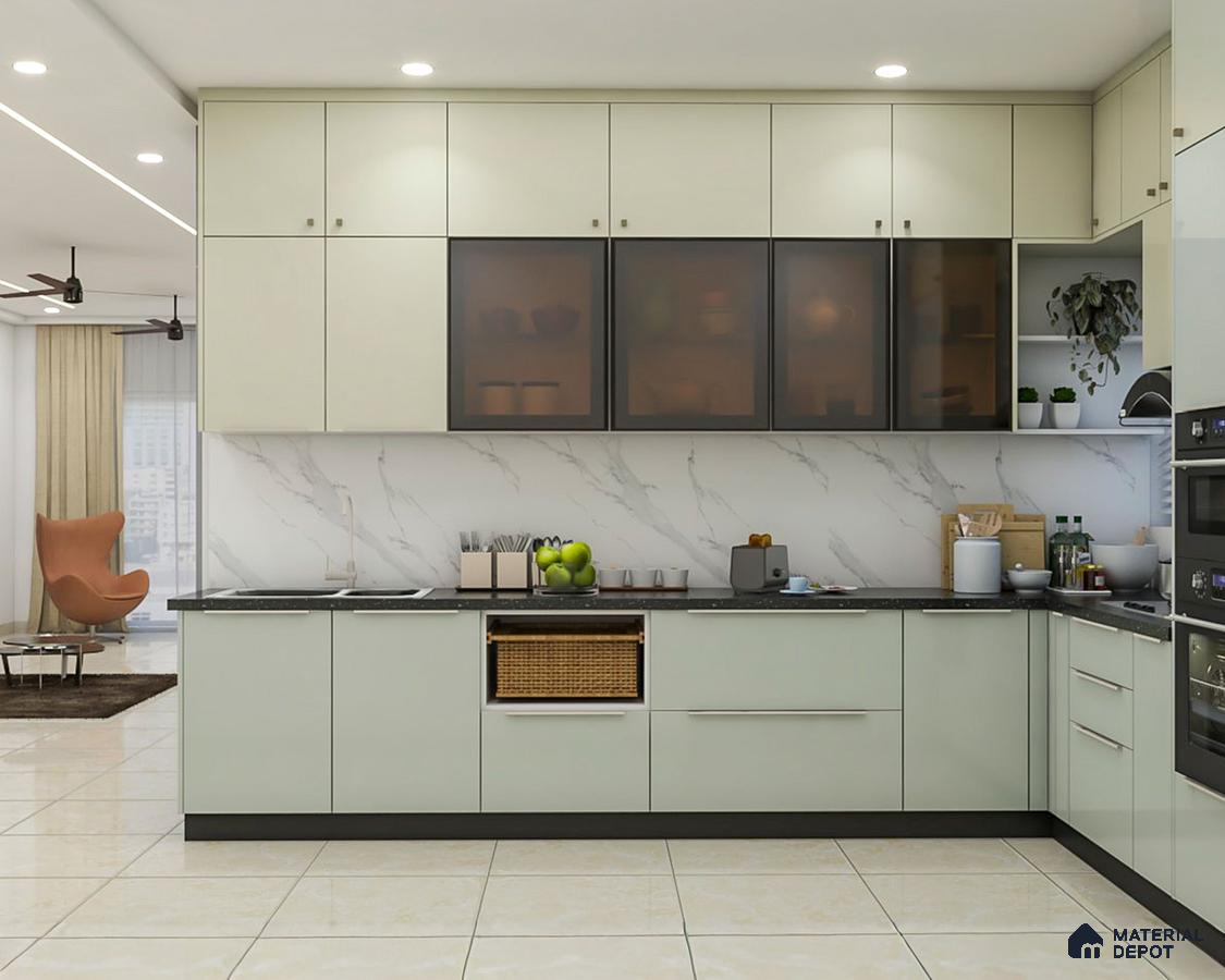 Modern kitchen with frosty white laminate cabinets and marble-look backsplash in Bengaluru | Material Depot