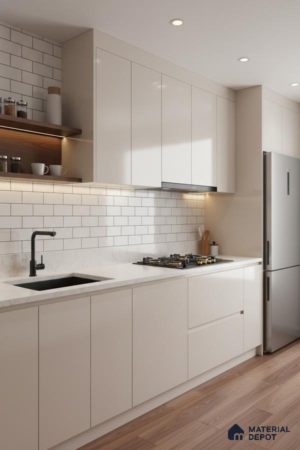 Modern kitchen with frosty white laminate cabinets, white marble-look quartz countertop, and subway backsplash tile in Bengaluru