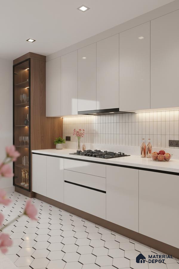 Modern kitchen with frosty white laminate cabinets, white quartz countertop, and hexagonal floor tiles in Bengaluru