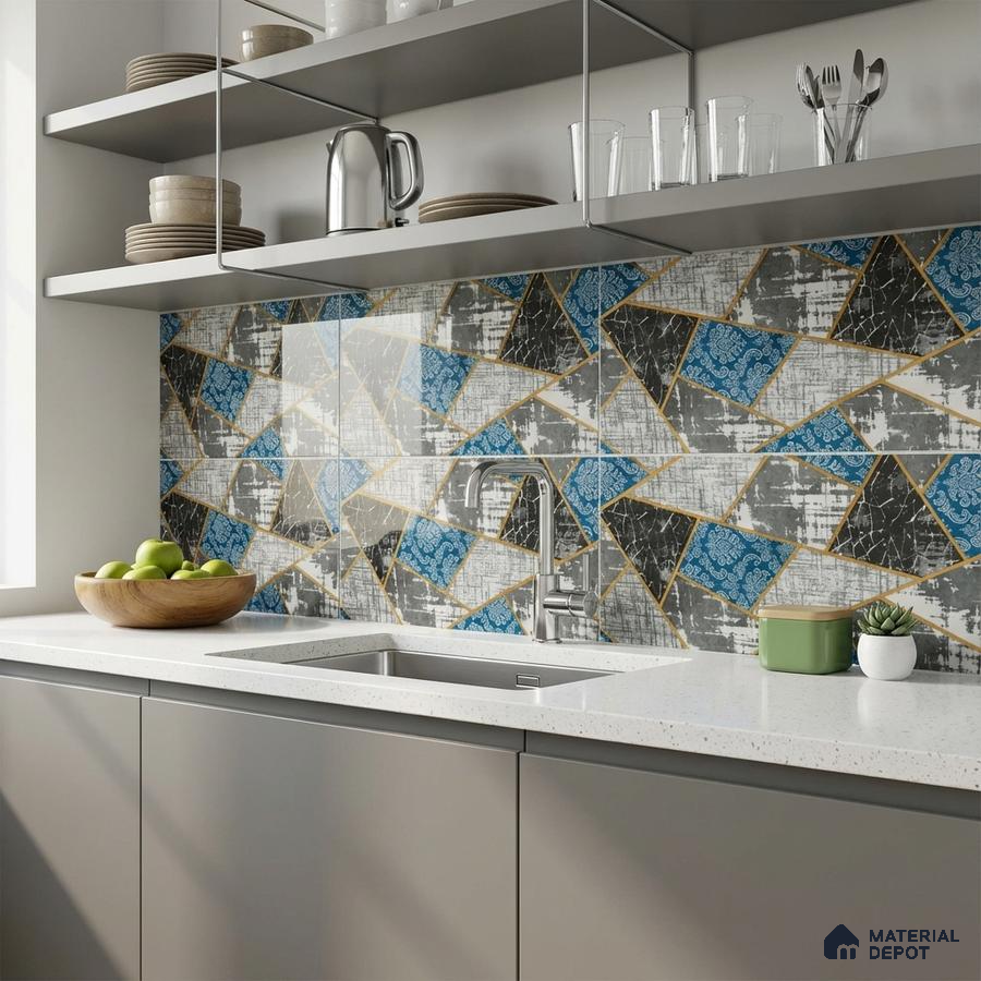 Modern kitchen with geometric blue and grey patterned backsplash tile and white quartz countertop