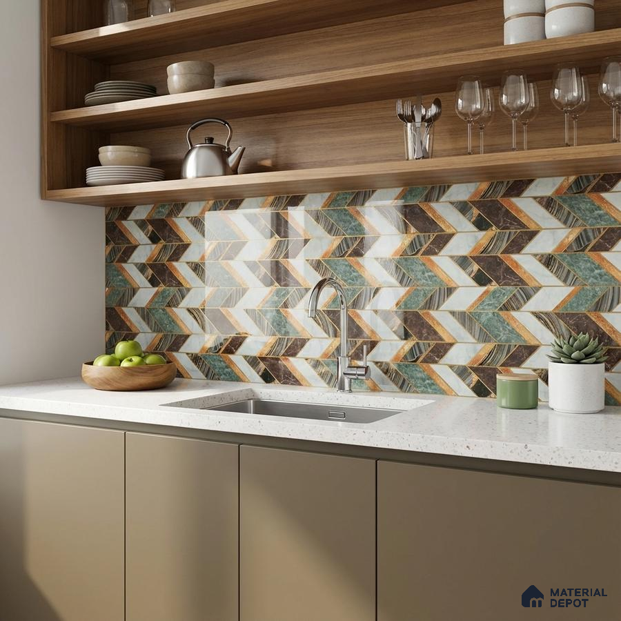 Modern kitchen with geometric chevron multicolor backsplash tile, taupe laminate cabinets, and white quartz countertop