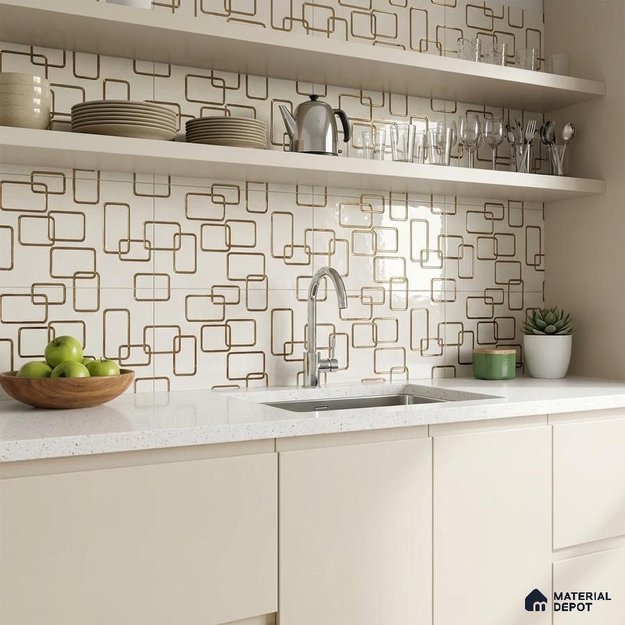 Modern kitchen with geometric gold patterned backsplash tile and white quartz countertop