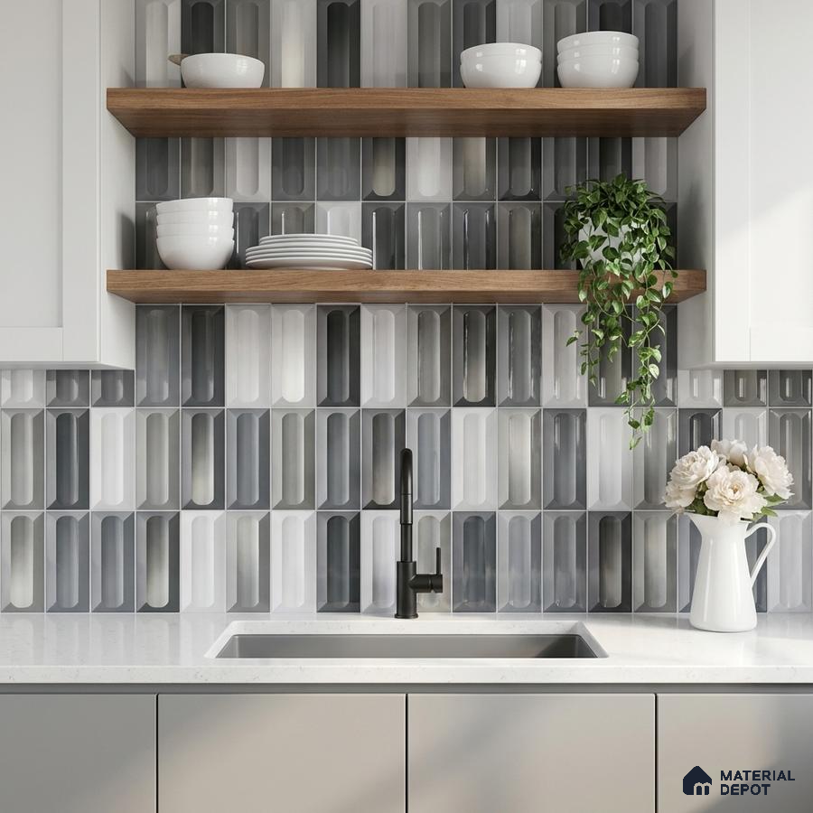 Modern kitchen with geometric grey and white backsplash tile, white quartz countertop, and wooden open shelves
