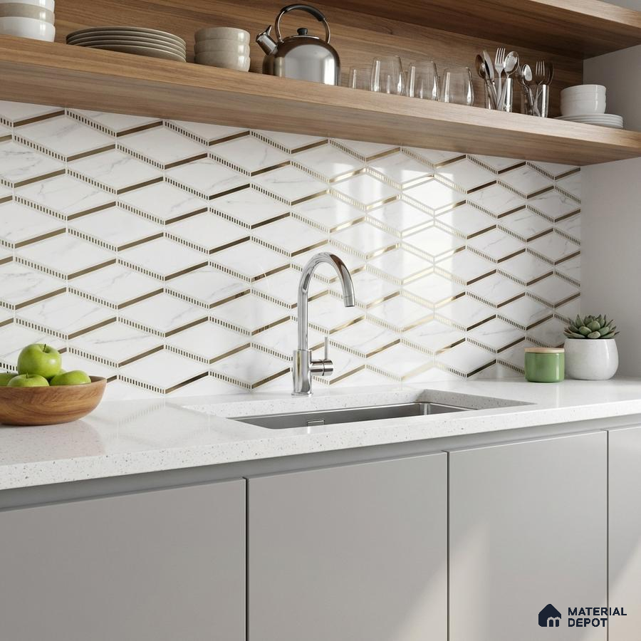 Modern kitchen with geometric marble-look backsplash tile, white quartz countertop, and light grey laminate cabinets