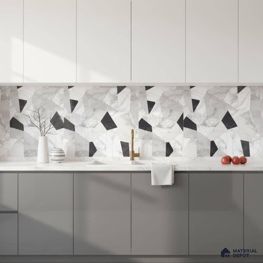 Modern kitchen with geometric marble-look backsplash tile, white upper cabinets, and grey matte base cabinets in Bengaluru