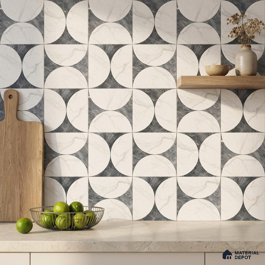 Modern kitchen with geometric marble-look backsplash tiles and beige quartz countertop