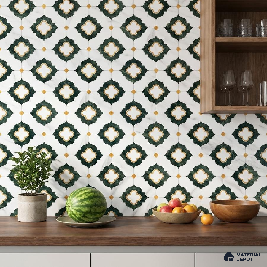 Modern kitchen with geometric moroccan backsplash tile and walnut wood countertop