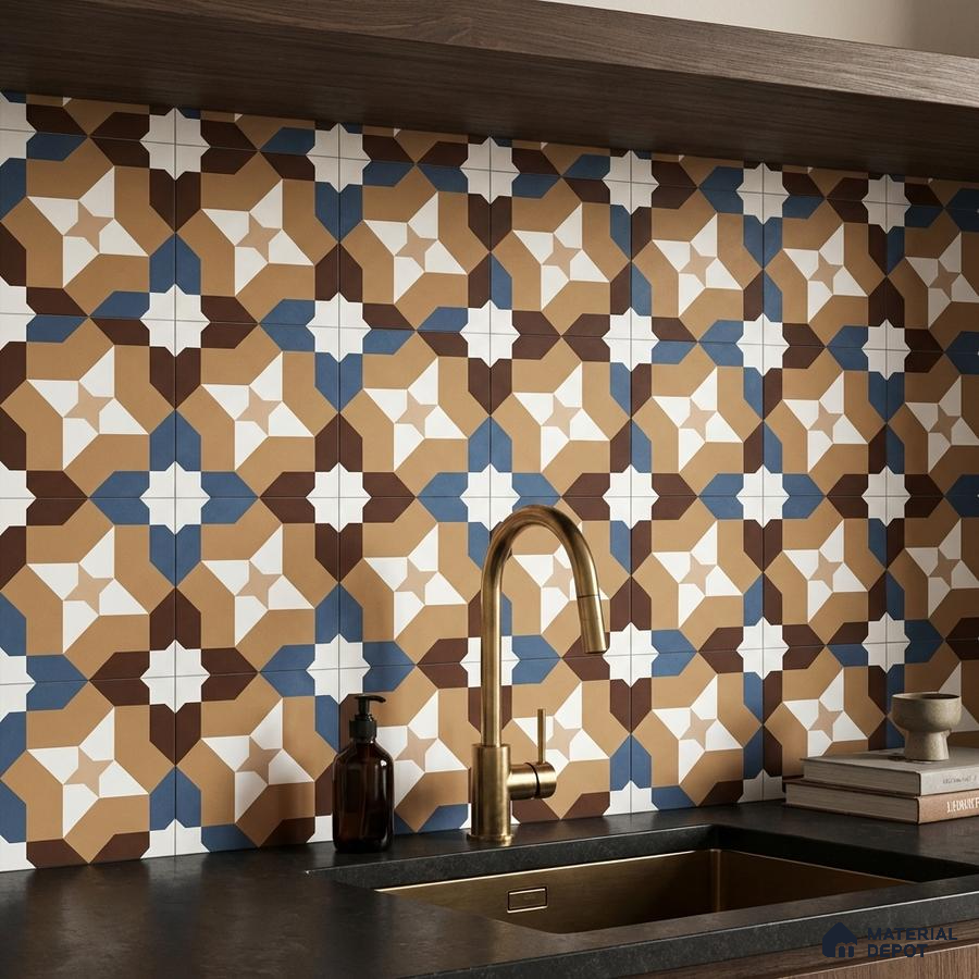 Modern kitchen with geometric patterned backsplash tile and matte black countertop