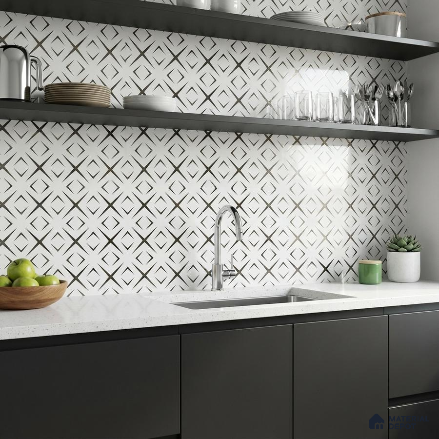 Modern kitchen with geometric patterned backsplash tile and matte black laminate cabinets