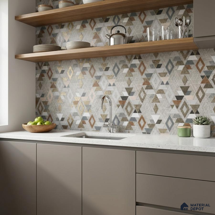 Modern kitchen with geometric patterned backsplash tile, taupe laminate cabinets, and white quartz countertop