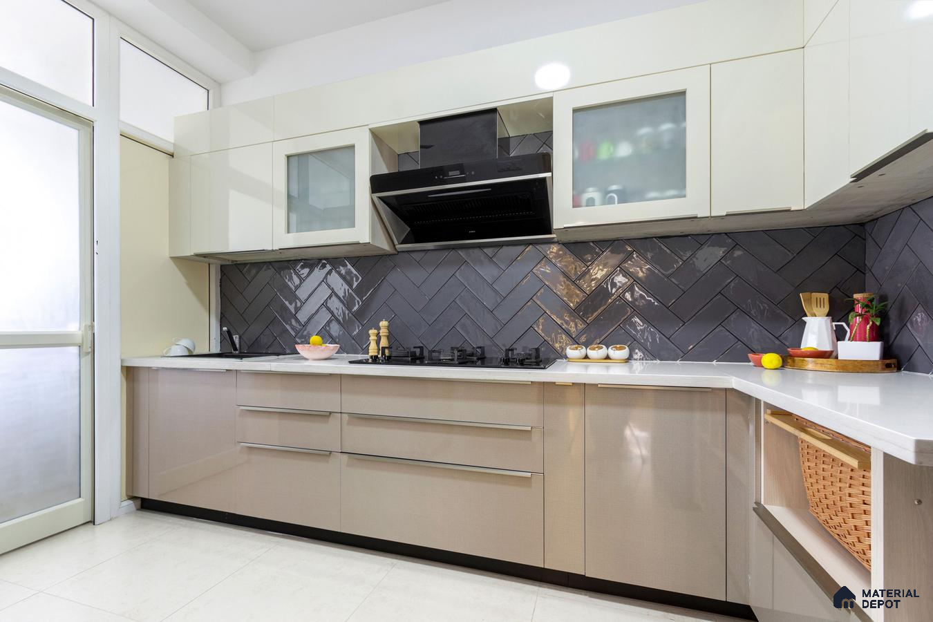 Modern kitchen with glossy beige and frosty white laminate, black herringbone subway tile backsplash, and white quartz countertop in Bengaluru | Material Depot