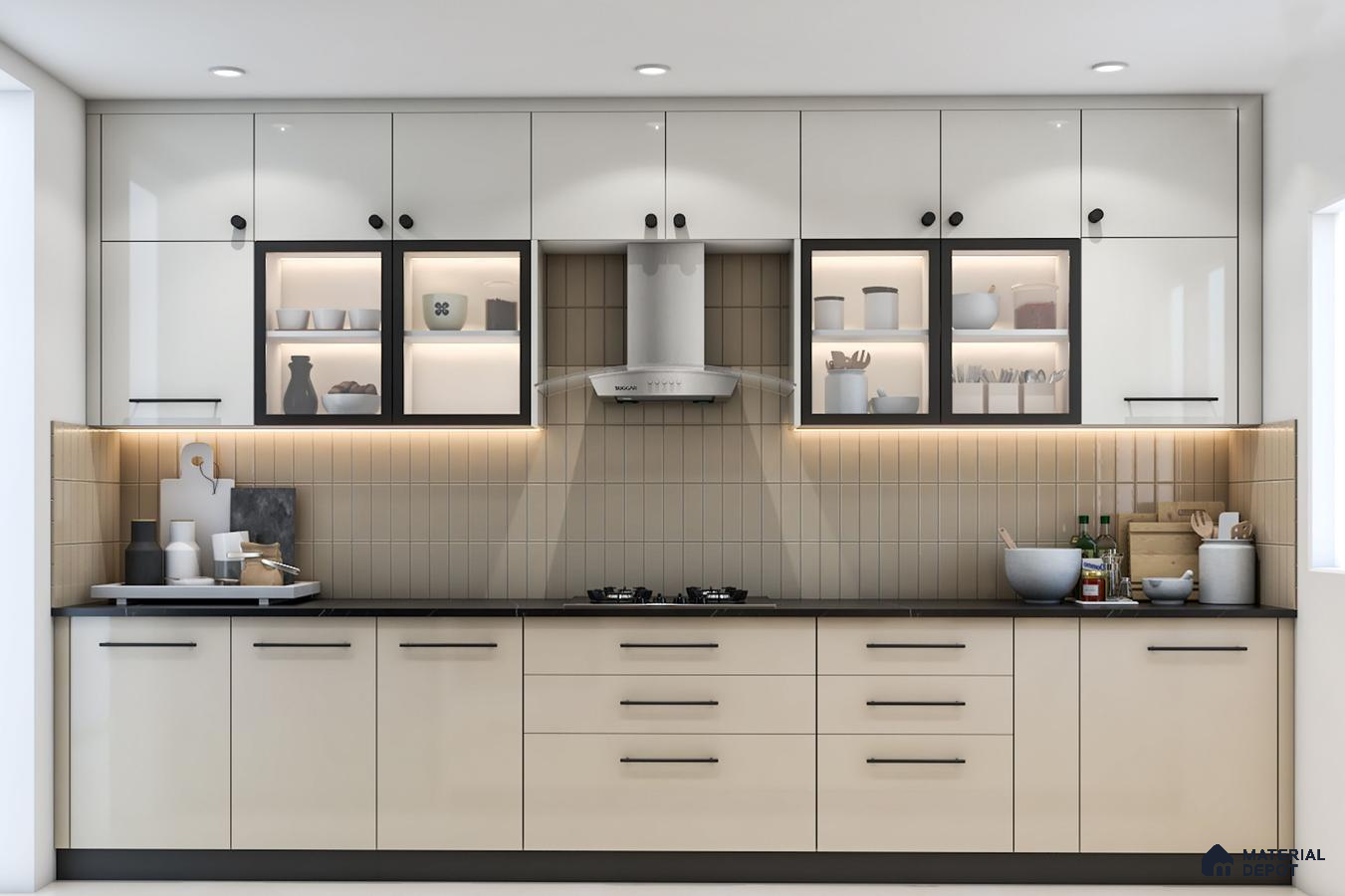 Modern kitchen with glossy beige and white laminate cabinets, black quartz countertop, and vertical beige subway backsplash tiles in Bengaluru | Material Depot