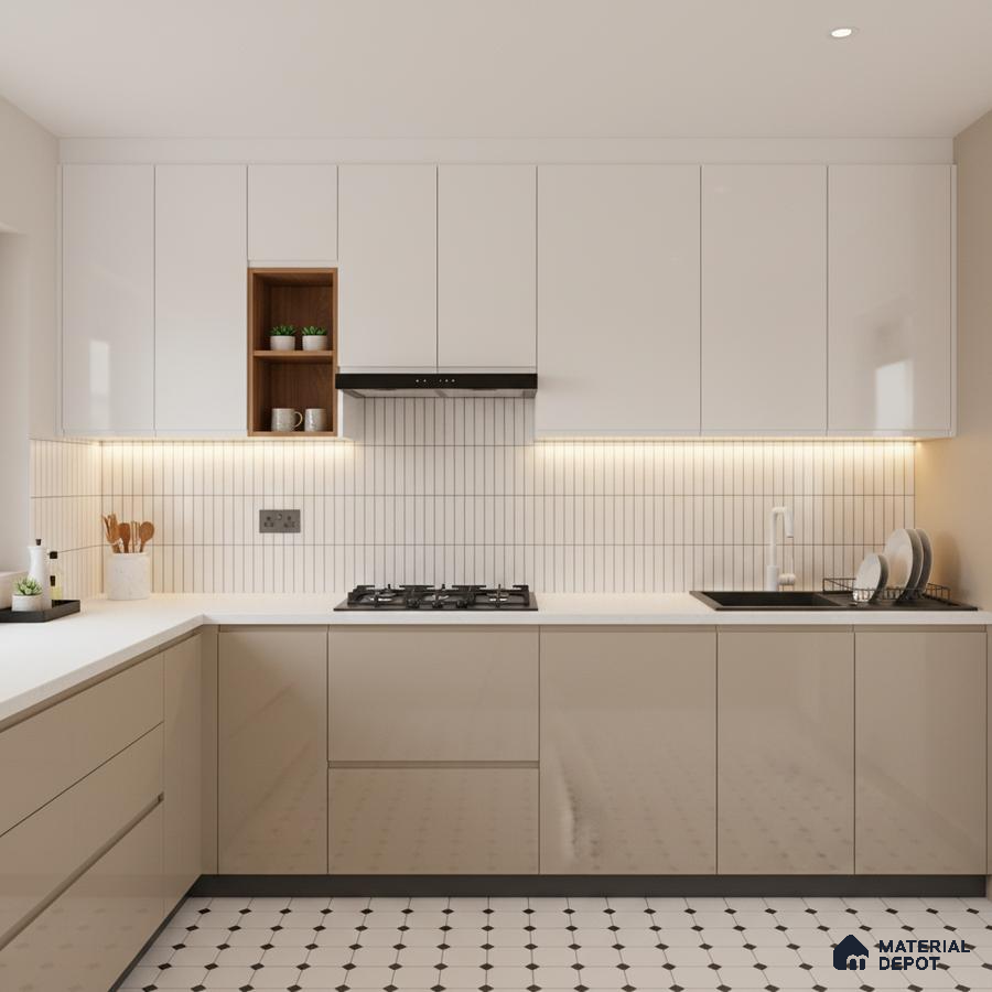 Modern kitchen with glossy beige and white laminate, white quartz countertop, and vertical subway backsplash tiles in Bengaluru