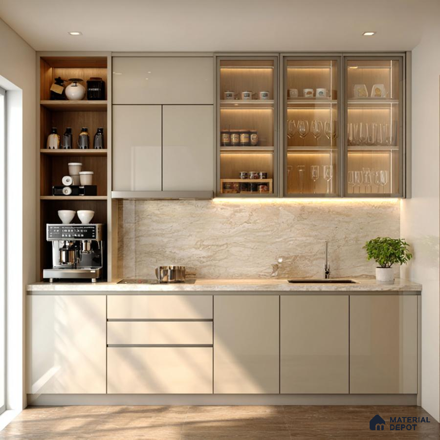 Modern kitchen with glossy beige laminate cabinets and marble-look backsplash in Bengaluru | Material Depot