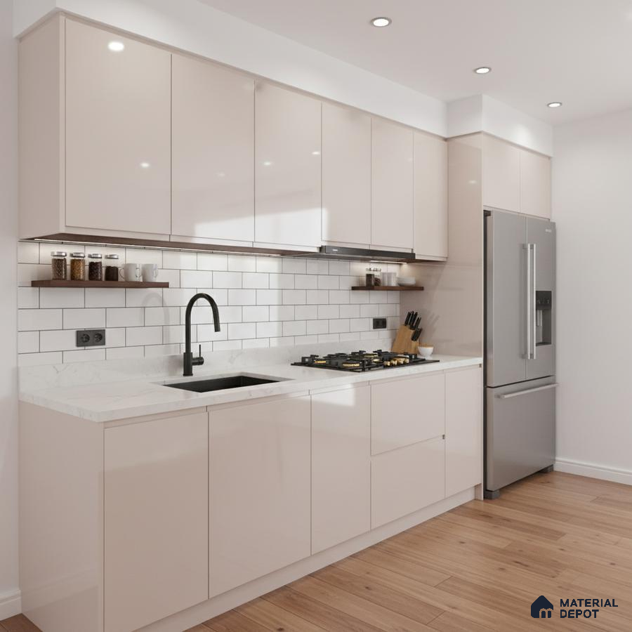 Modern kitchen with glossy beige laminate cabinets, white marble-look quartz countertop, and subway tile backsplash in Bengaluru