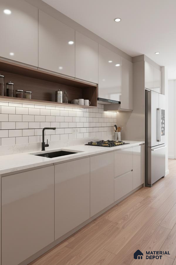 Modern kitchen with glossy beige laminate cabinets, white marble-look quartz countertop, subway backsplash tile, and light oak wooden flooring in Bengaluru