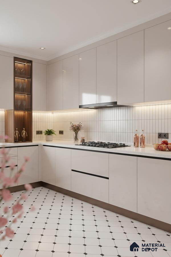 Modern kitchen with glossy beige laminate cabinets, white quartz countertop, and geometric white floor tiles in Bengaluru