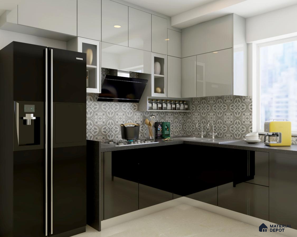 Modern kitchen with glossy black and frosty white laminate, patterned grey backsplash tile, and quartz countertop in Bengaluru | Material Depot