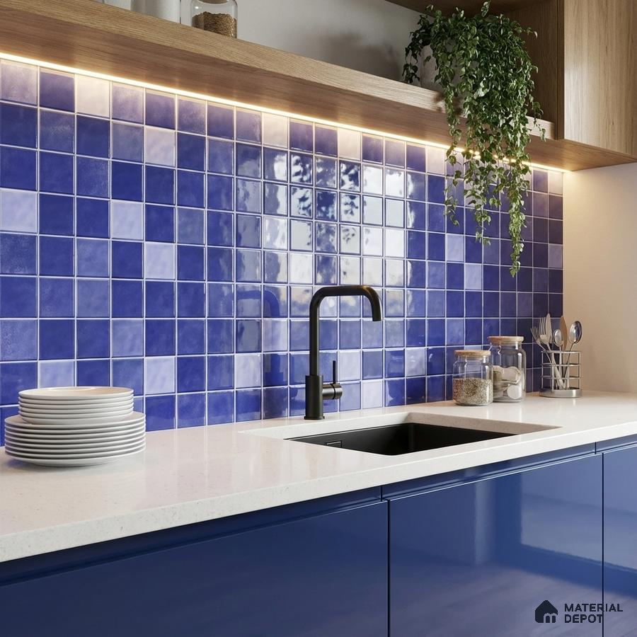 Modern kitchen with glossy blue square backsplash tiles and white quartz countertop