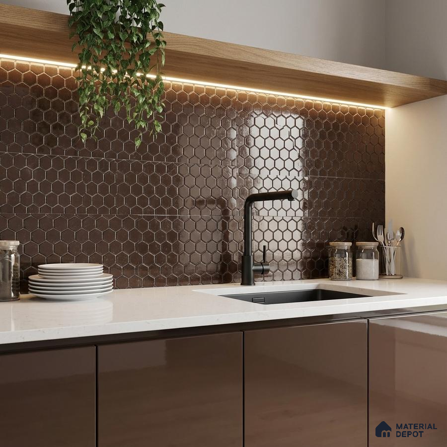 Modern kitchen with glossy brown laminate cabinets, white quartz countertop, and brown hexagonal backsplash tiles