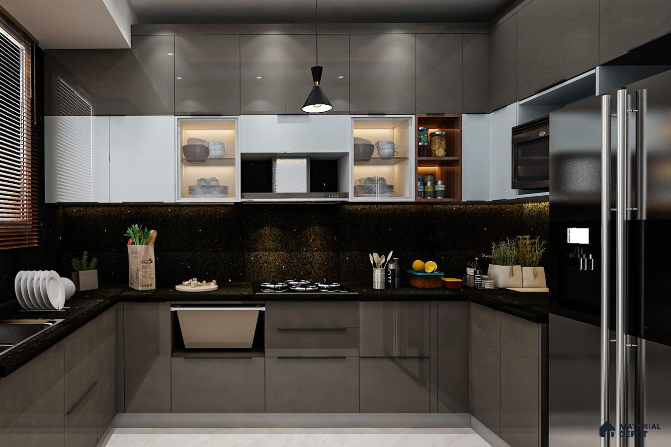 Modern kitchen with glossy grey and white laminate cabinets and black granite countertop in Bengaluru | Material Depot