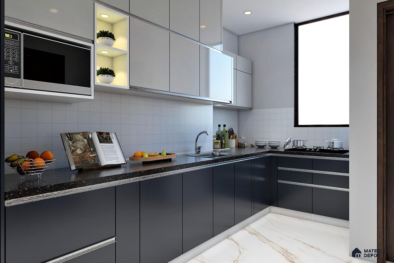 Modern kitchen with glossy grey and white laminate cabinets, black quartz countertop, and marble-look floor tile in Bengaluru | Material Depot