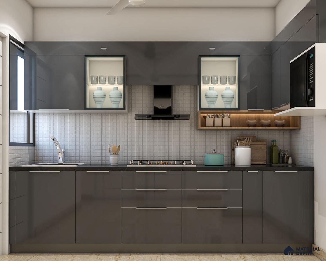 Modern kitchen with glossy grey laminate cabinets and white mosaic tile backsplash in Bengaluru | Material Depot