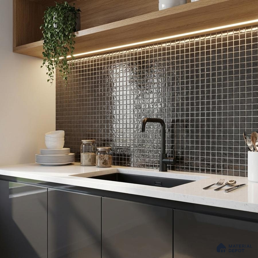 Modern kitchen with glossy grey laminate cabinets, white quartz countertop, and black mosaic backsplash tiles
