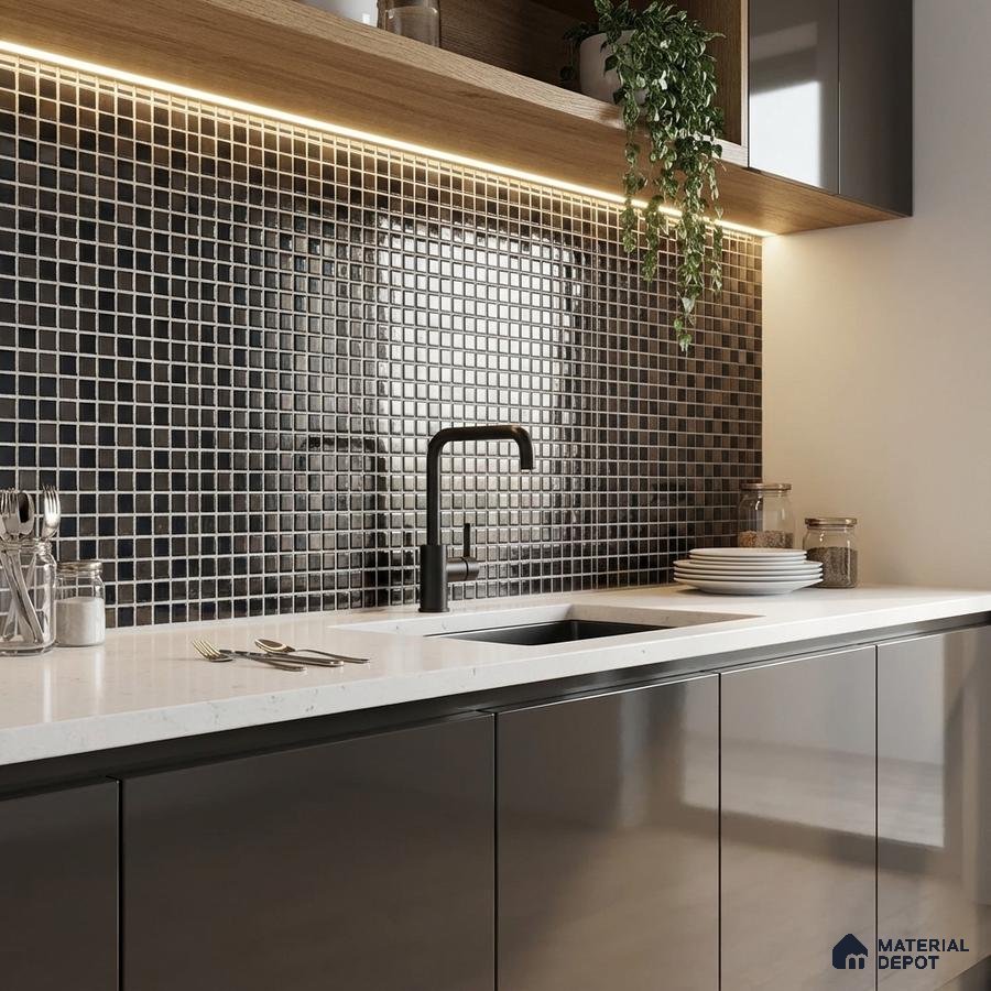 Modern kitchen with glossy grey laminate cabinets, white quartz countertop, and black mosaic backsplash tiles