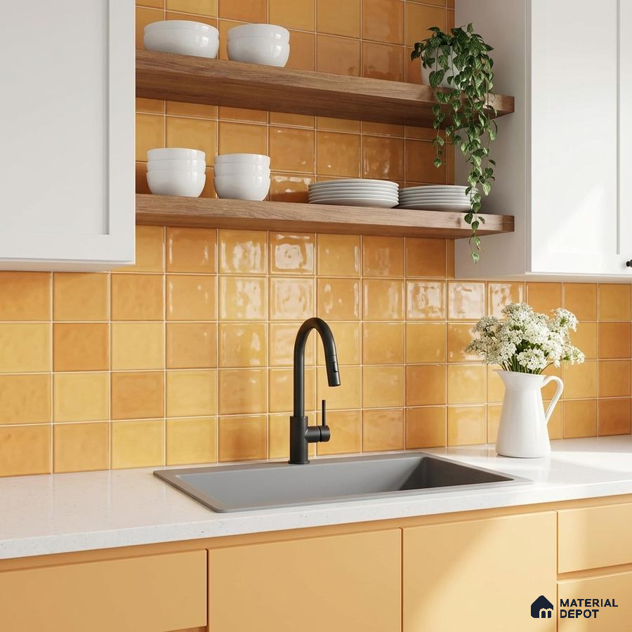 Modern kitchen with glossy mustard yellow square backsplash tiles and white quartz countertop