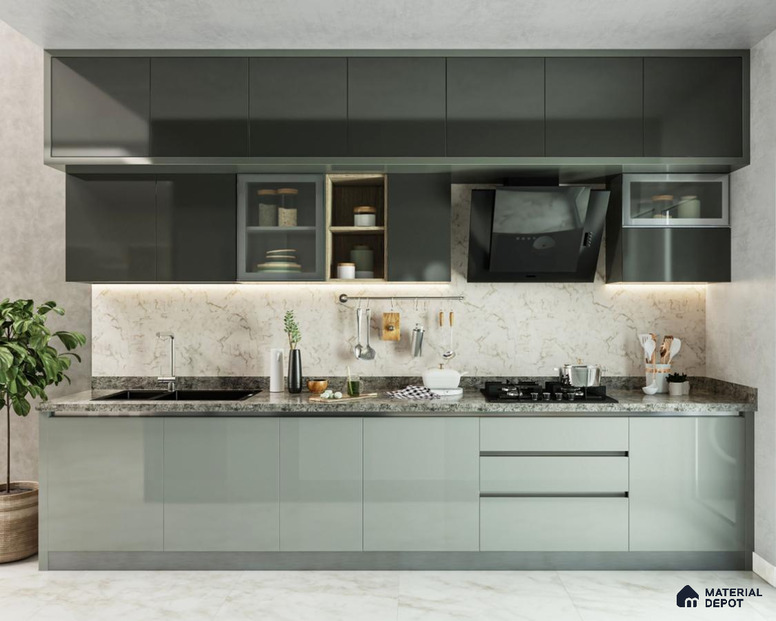 Modern kitchen with glossy olive green laminate cabinets and marble-look backsplash in Bengaluru | Material Depot