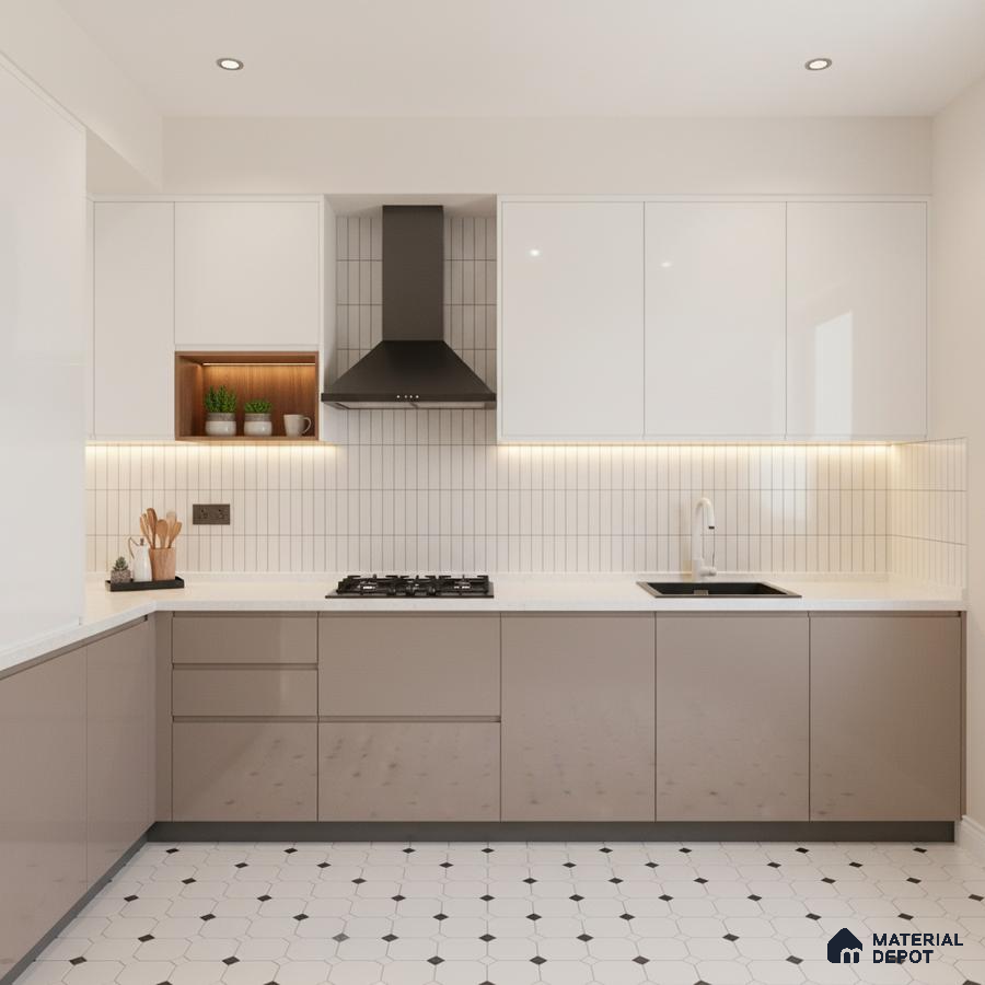 Modern kitchen with glossy taupe and frosty white laminate, white quartz countertop, and geometric floor tile in Bengaluru