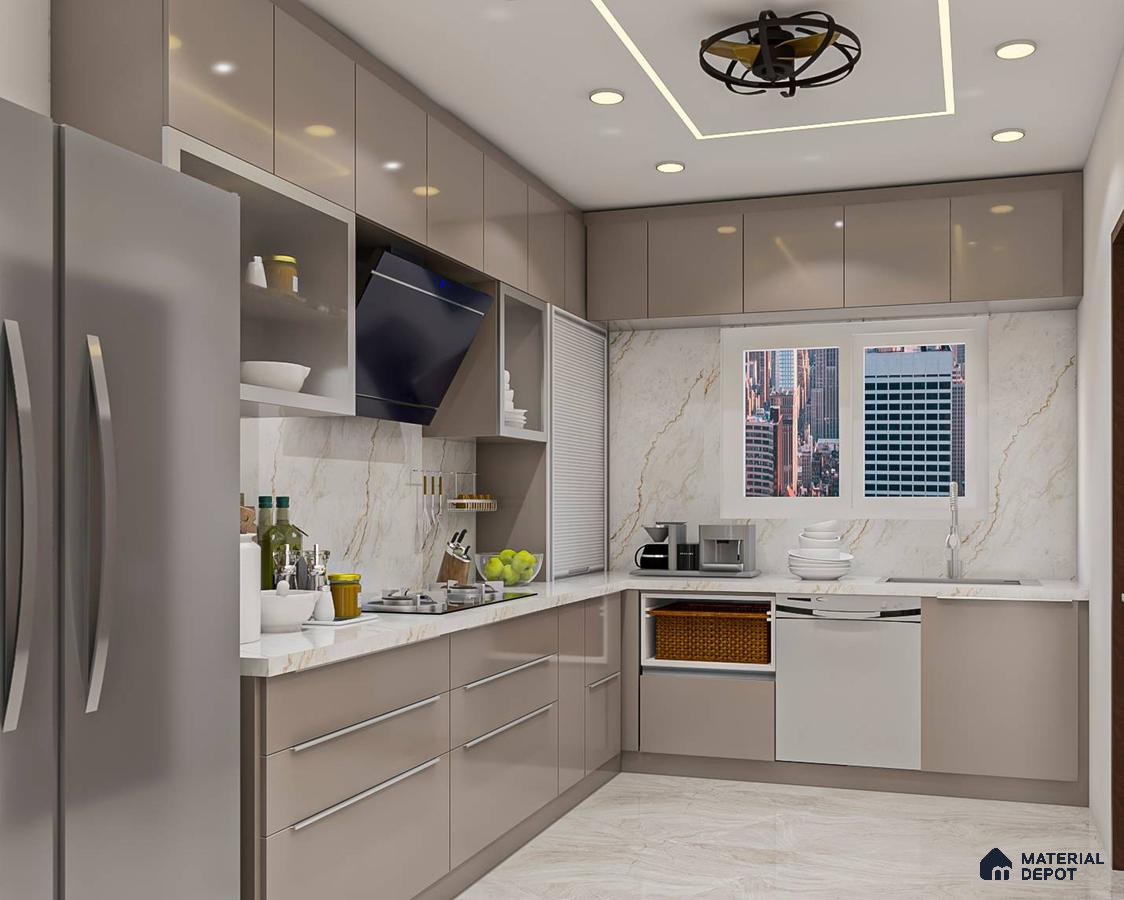 Modern kitchen with glossy taupe laminate cabinets, white marble-look backsplash, and quartz countertop in Bengaluru | Material Depot