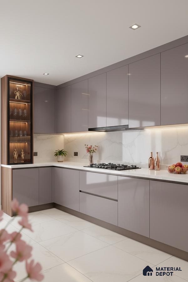 Modern kitchen with glossy taupe laminate cabinets, white marble-look backsplash, and white marble floor tiles in Bengaluru