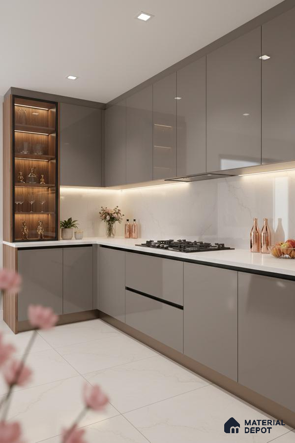 Modern kitchen with glossy taupe laminate cabinets, white marble-look quartz countertop, and marble tile flooring in Bengaluru