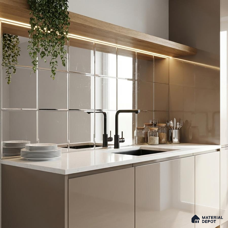 Modern kitchen with glossy taupe laminate cabinets, white quartz countertop, and mirrored backsplash tiles