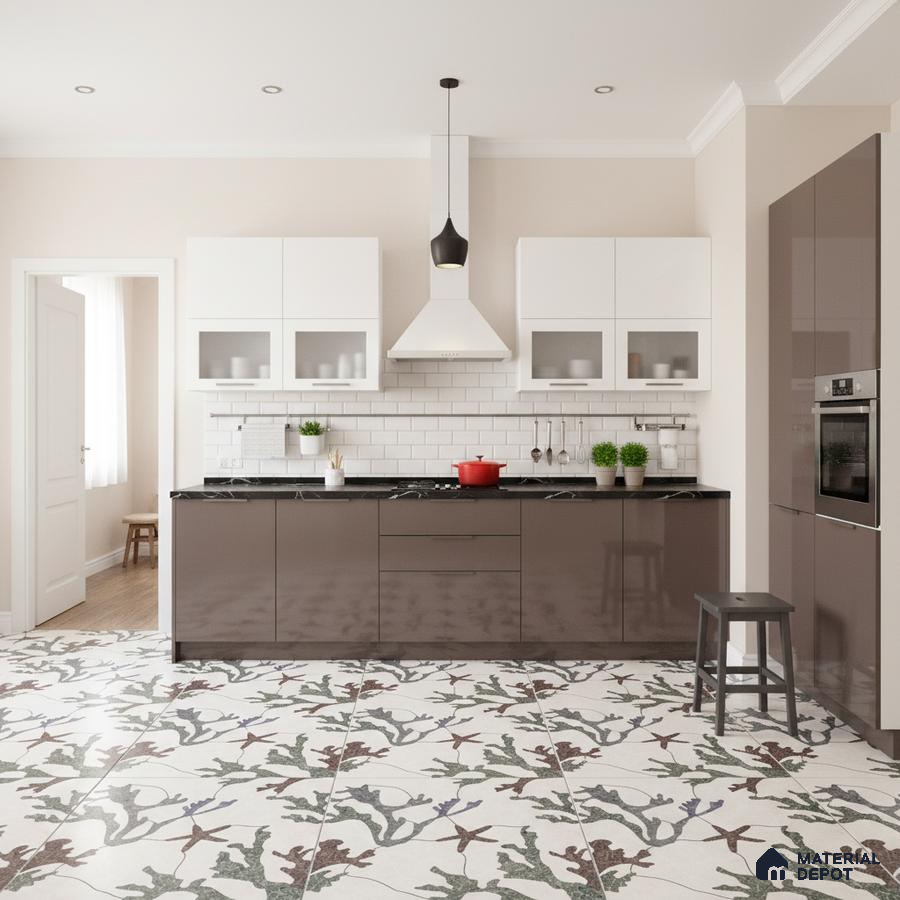 Modern kitchen with glossy taupe laminate cabinets, white subway tile backsplash, and floral patterned floor tiles in Bengaluru