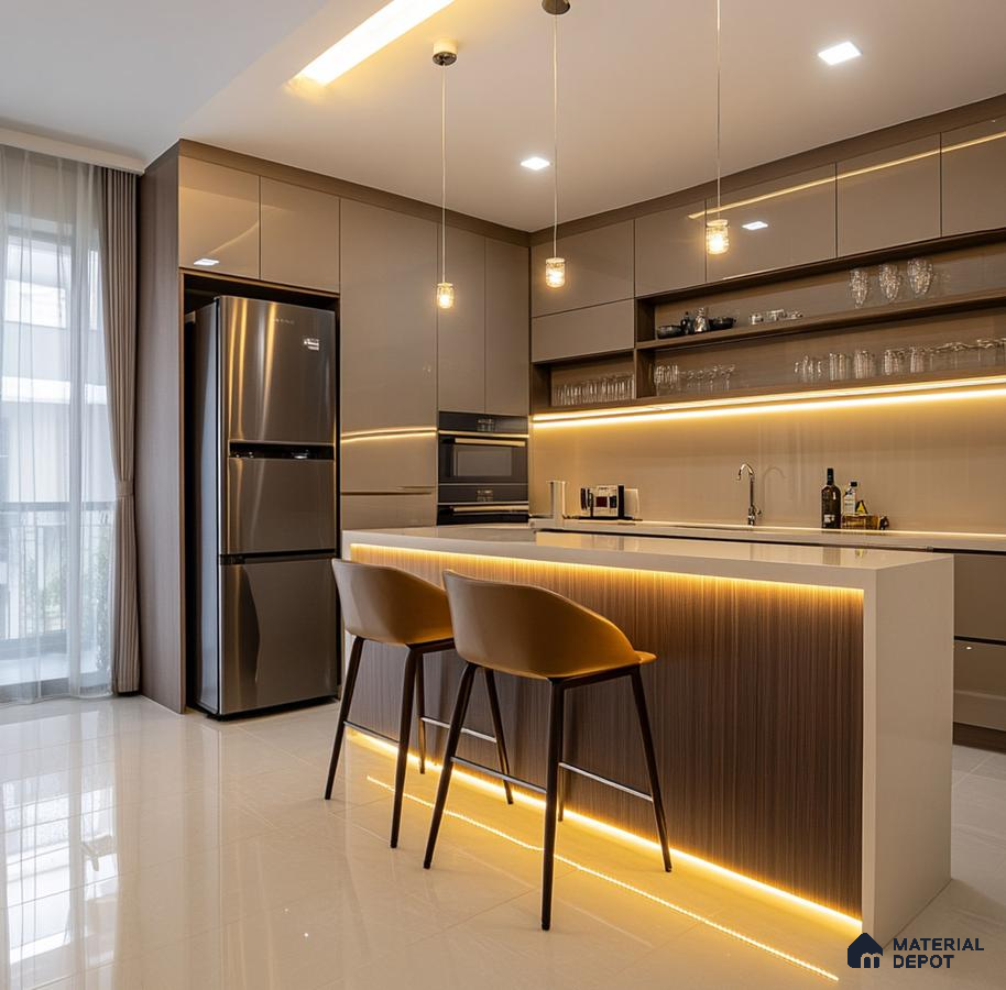 Modern kitchen with glossy taupe laminate, white quartz countertop, and wood grain island panel in Bengaluru | Material Depot