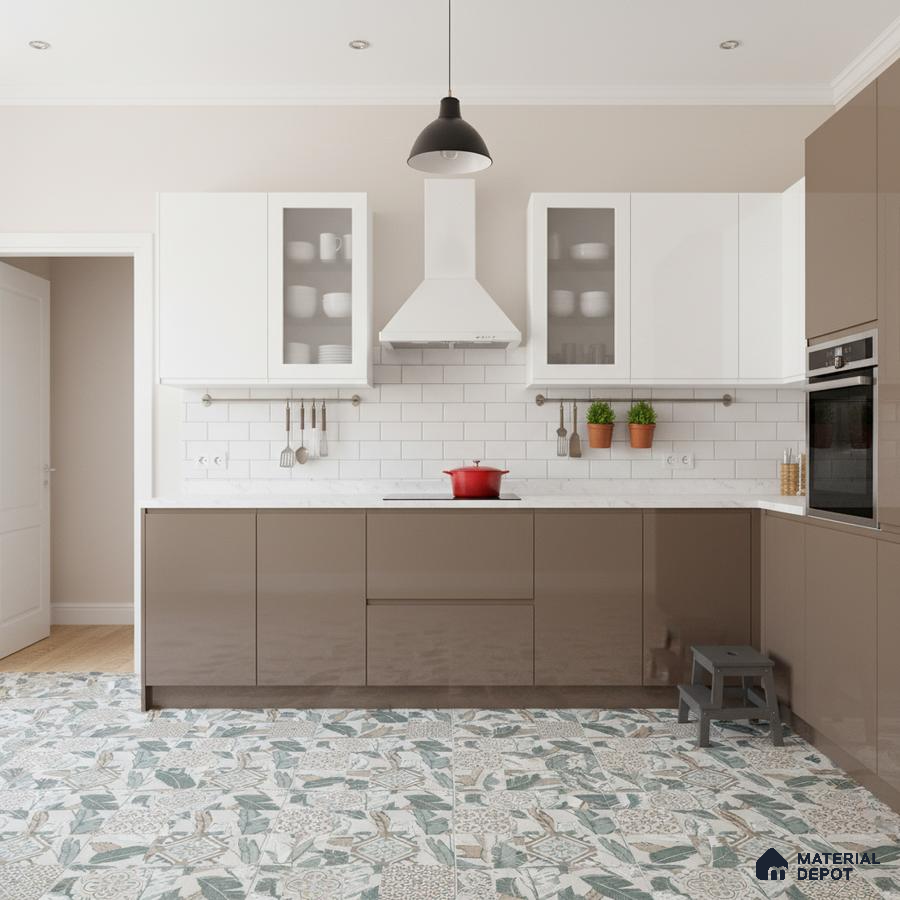 Modern kitchen with glossy taupe laminate, white upper cabinets, subway tile backsplash, and floral patterned floor tiles in Bengaluru