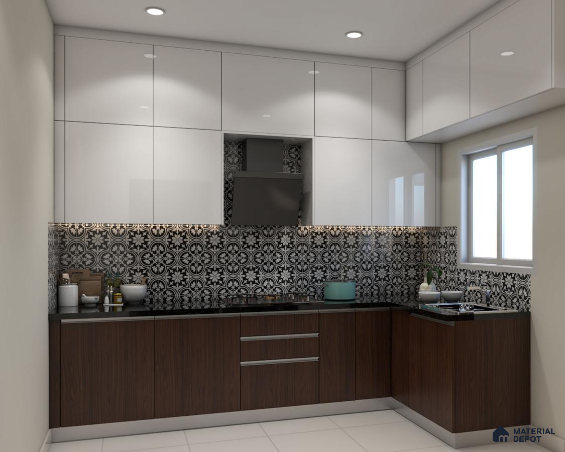 Modern kitchen with glossy white laminate, walnut wood laminate, and black-and-white moroccan backsplash tiles in Bengaluru | Material Depot