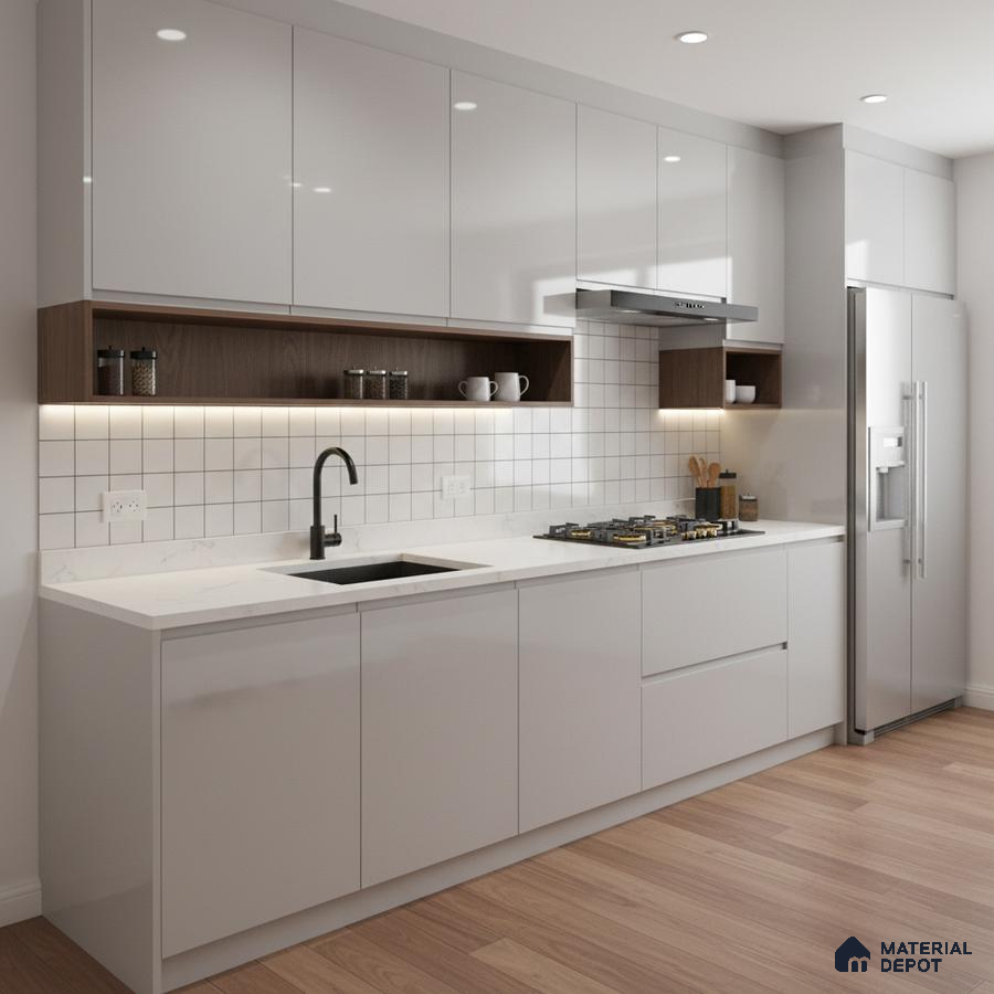 Modern kitchen with glossy white laminate, white quartz countertop, and walnut open shelf in Bengaluru