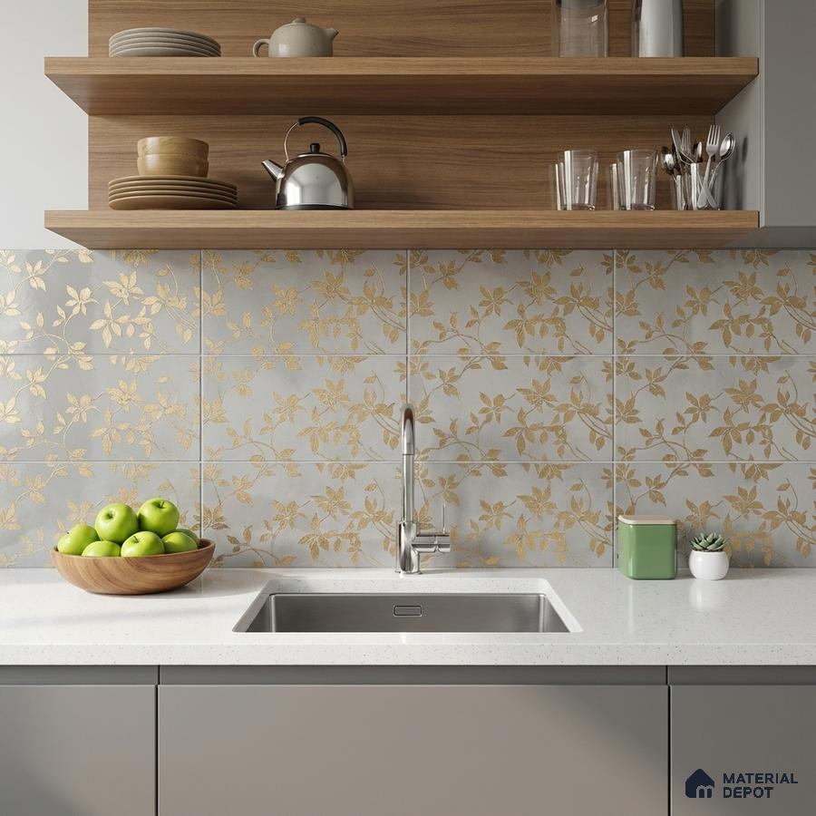 Modern kitchen with gold floral patterned backsplash tile, white quartz countertop, and light grey laminate cabinets