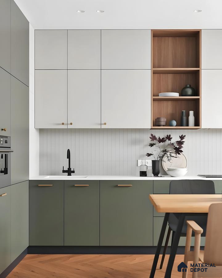 Modern Kitchen With Green And White Cabinets And Open Wooden Shelving | Material Depot