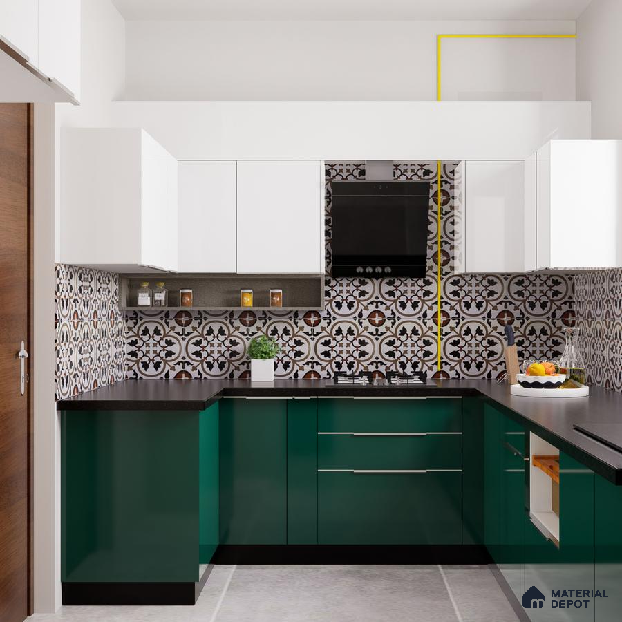 Modern kitchen with green and white laminate cabinets, black countertop, and patterned moroccan backsplash tiles in Bengaluru | Material Depot