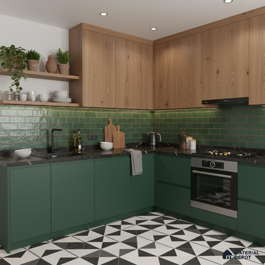 Modern kitchen with green laminate base cabinets, wood grain laminate upper cabinets, green subway tile backsplash, and geometric black-and-white floor tiles in Bengaluru